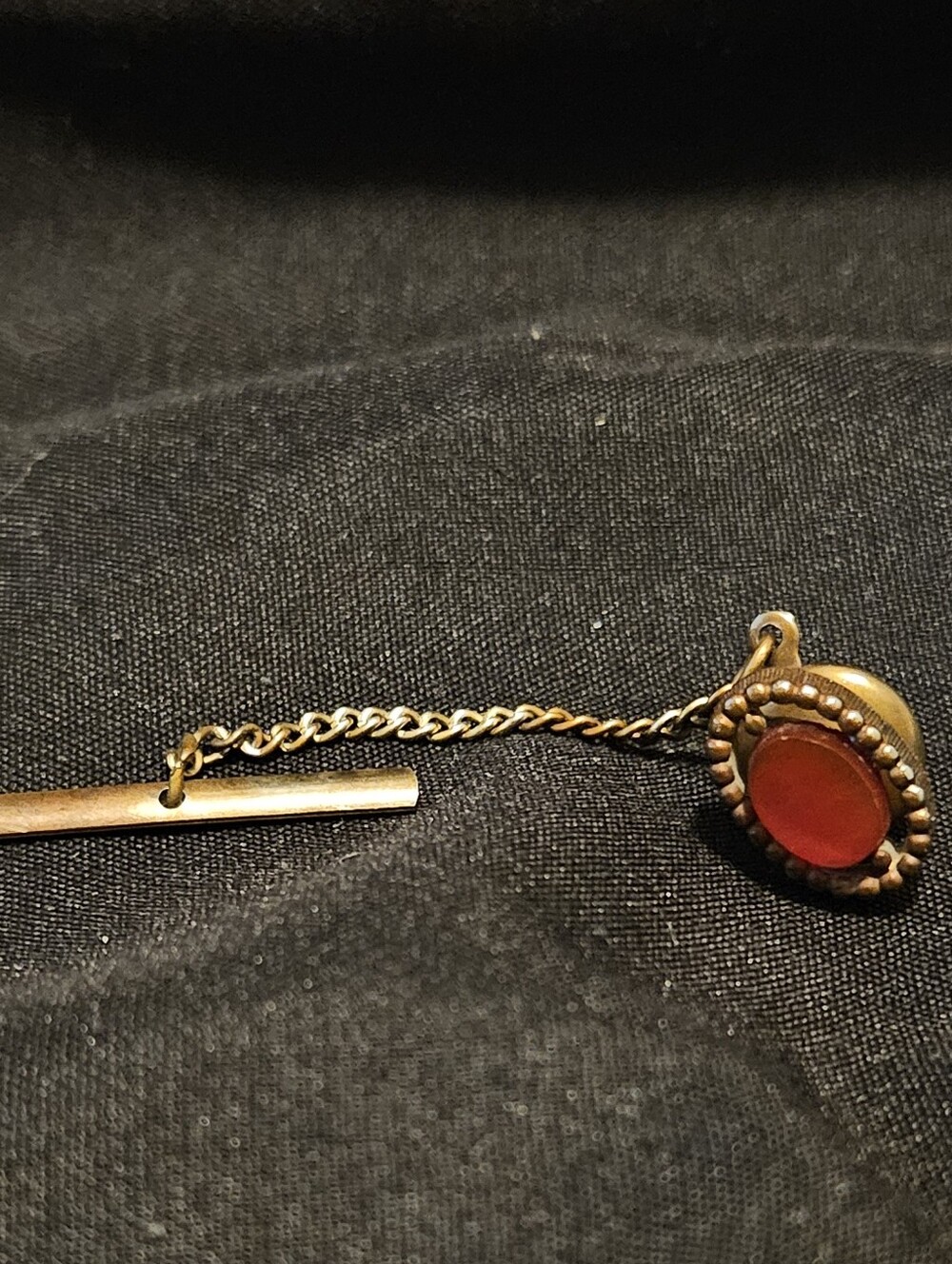 Vintage Swank Gold Tone Red Oval Cabochon Tie Tack Pin With Security Chain T-Bar